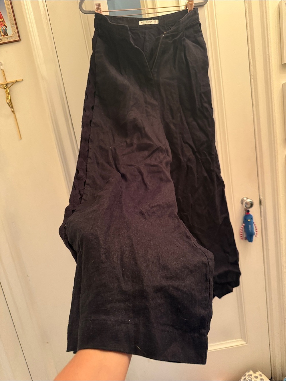 Mon Renn  Wide Leg Linen Pants - Black with Side Cut-Out Design Down Legs